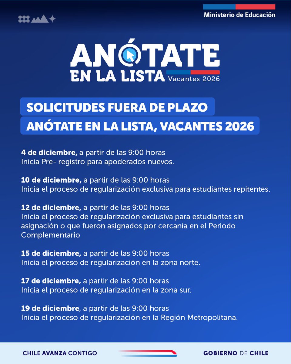 Ya comenzó el proceso de Solicitudes fuera de plazo - Anótate en la Lista para las vacantes 2026.

🌟Revisa el calendario y realiza tu trámite en sistemadeadmisionescolar.cl