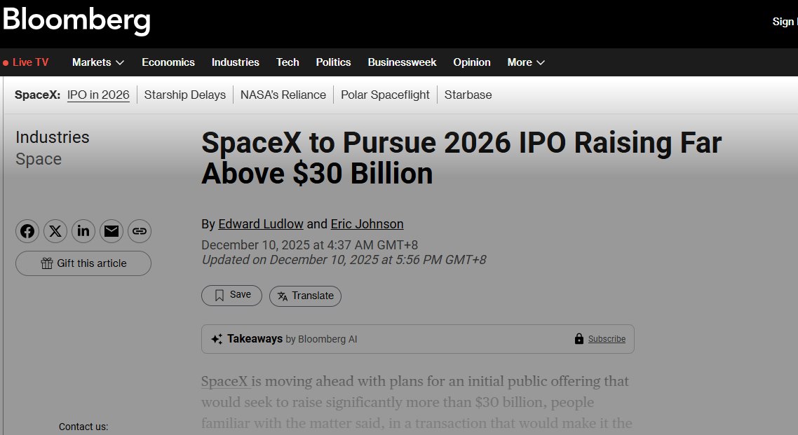 <🚨 Bloomberg confirms: SpaceX IPO coming in 2026>

The big question now: What’s the valuation?

Here is the data based on the latest consensus:

1️⃣ The Target: ~$1.5 TrillionThis would be the largest IPO in history (beating Saudi Aramco) and instantly rank SpaceX alongside