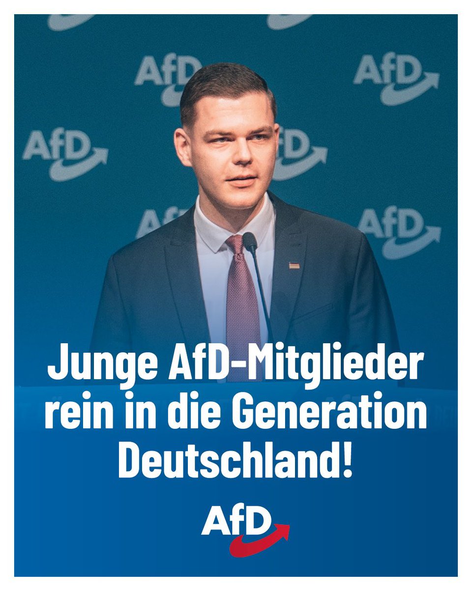 🇩🇪🫵 Junge AfD-Mitglieder rein in die Generation Deutschland!

Die <a href="/AfD/">AfD</a> hat über 10.000 Mitglieder unter 36. Noch ist nicht jeder Teil der <a href="/generation_afd/">Generation Deutschland</a>. Es ist Zeit, das zu ändern! 

📨Mail an jugend@afd.de

"Hiermit erkläre ich meinen Beitritt zur Jugendorganisation.

XXXXXX"