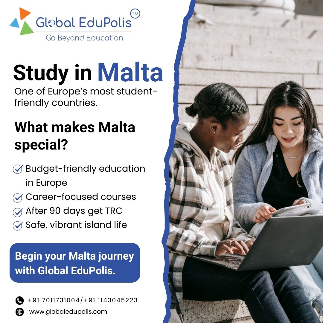 Study in Malta
Affordable education, career-focused courses, and a safe European lifestyle.
DM “MALTA” to start your journey today!

📞 +91 7011731004 | +91 1143045223
🌐 globaledupolis.com

#StudyInMalta
#GlobalEdupolis
#StudyAbroad
#OverseasEducation
