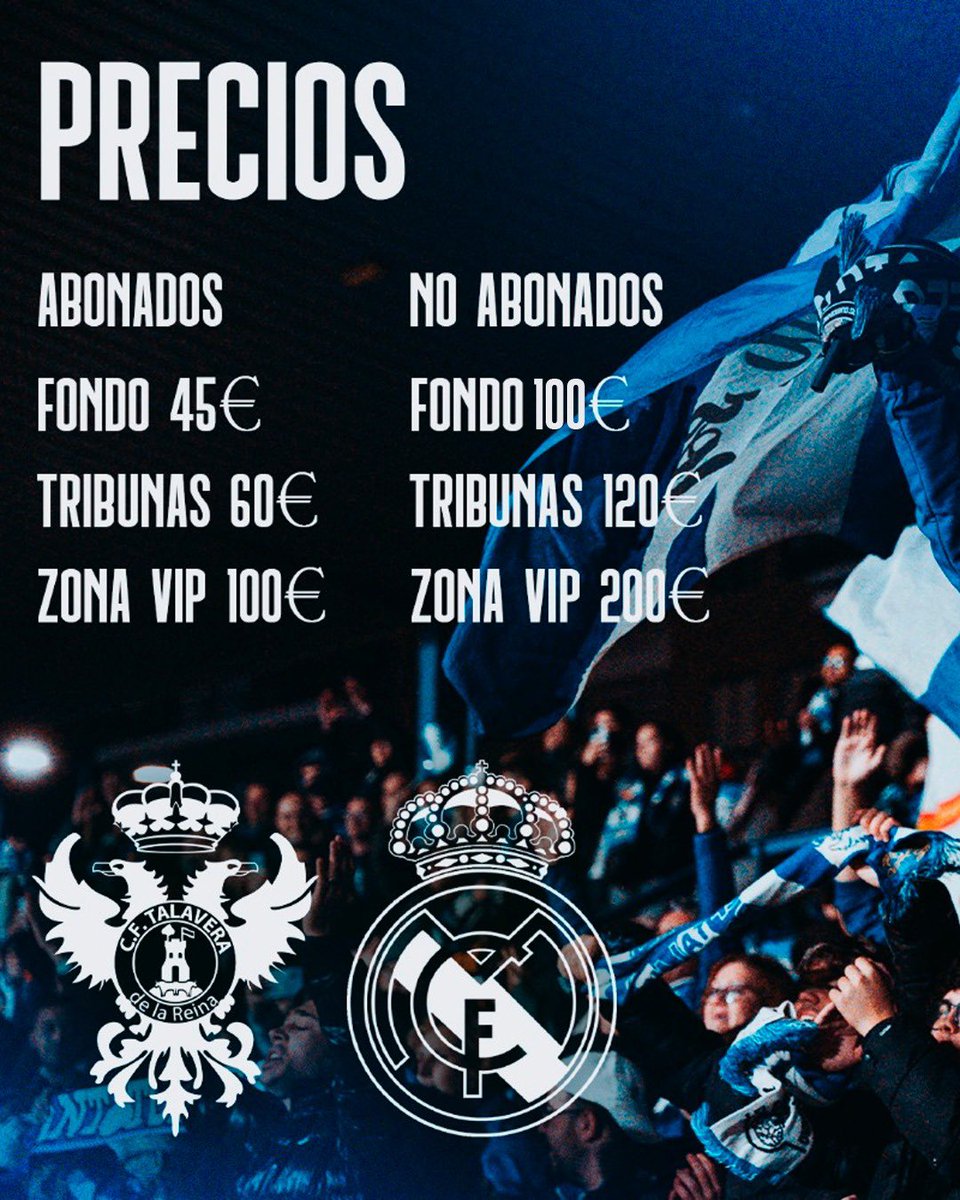 Precios del <a href="/CFTalavera/">CF Talavera de la Reina</a> frente al <a href="/realmadrid/">Real Madrid C.F.</a> para el partido de 1/16 de Copa del Rey

Me gusta el slogan: "El Madrid dura 90 minutos. El Tala, para toda la vida"