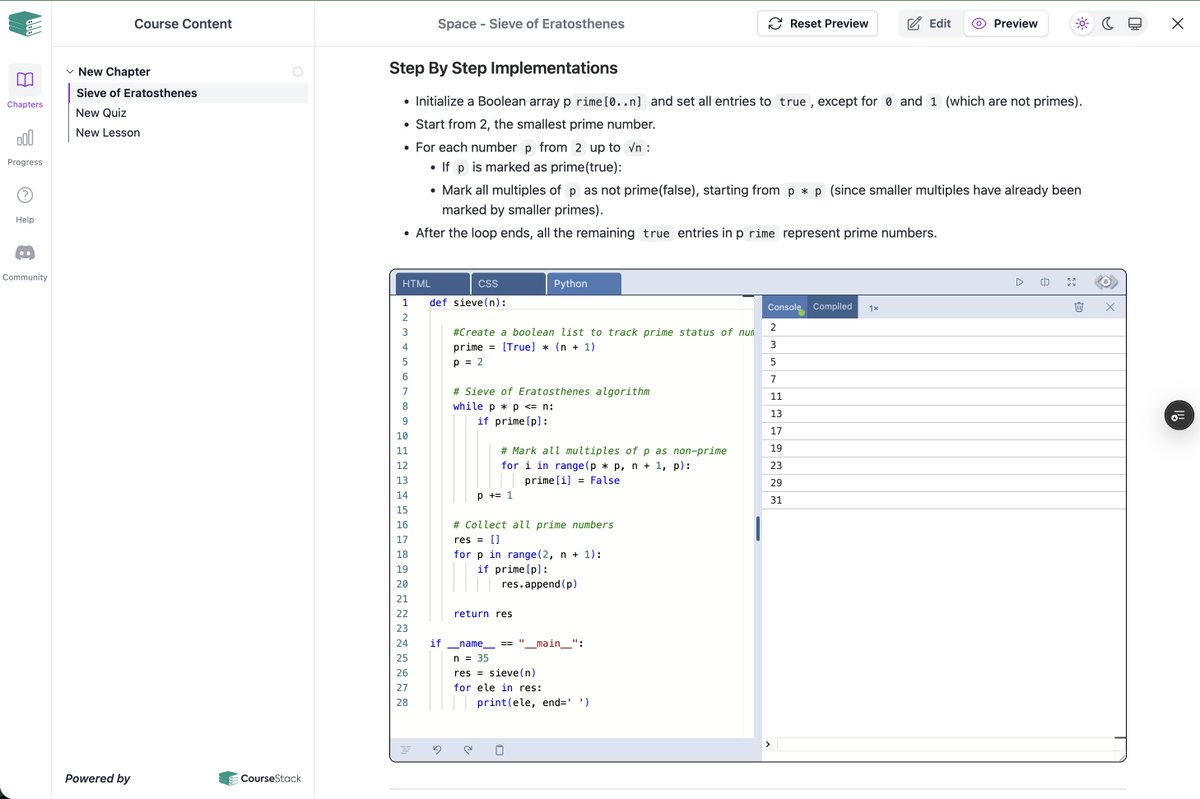 getCourseStack's tweet image. [New Feature] - Code Playgrounds 

Display and run code inline with your course content! 

Code Playgrounds are lightweight, entirely browser based coding sandboxes complete with a code editor, rendering, and output console. 

These are a fantastic way to let your students work…