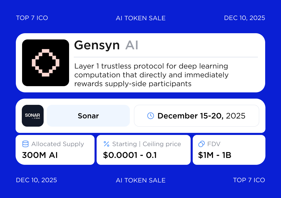 Gensyn [AI] Public Token Sale on Sonar

$AI public sale is structured as an English auction and will start on Dec 15 and end on Dec 20.

Token sale details
• Token supply for sale: 300M $AI
• Starting price: $0.0001 ($1M FDV)
• Ceiling price: $0.1 ($1B FDV)
• Min bid: $100
•
