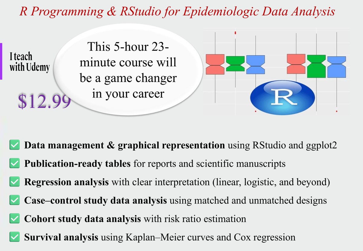 AhshanulMd16291's tweet image. R Programming &amp;amp; RStudio for Epidemiologic Data Analysis

This 5-hour 23-minute course will be a game changer in your career

#Rprogramming #Rstudio #DataAnalysis #Epidemiology #Biostatistics

udemy.com/course/rstudio…