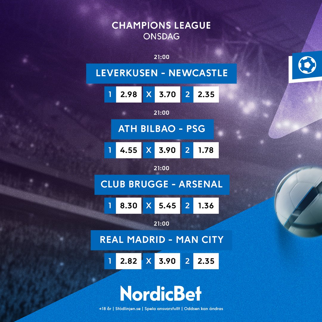 Ännu en fin CL-kväll på ingång. Självklart har vi fixat ett stort utbud till samtliga matcher – allt från boostar och Betbuilder till liveodds. ⚽

Spela här: go.nordicbet.com/cl-sv

+18 år | stödlinjen.se | Spela ansvarsfullt