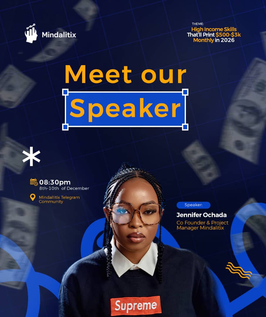 mindalitix's tweet photo. DAY 3 — LIVE with JENNIFER OCHADA
Co-founder, Mindalitix Academy  

Wrap up the Mindalitix 3-Day Webinar with insight on:  
• Starting your digital skills journey  
• What sets Mindalitix apart  
• Earning 500–3k/month in 2026  

🕣 8:30 PM  
🔗 https://t.co/FRAGnBNtuE https://t.co/lUc3eidd82