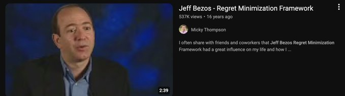 Jeff Bezo's  Regret Minimization Framework
youtu.be/jwG_qR6XmDQ?si…
Project yourself to age 80. Look back at your life. What would you regret NOT doing?

When Jeff Bezos thought about leaving a his job to start Amazon. How everyone thought he'd lost his mind. How his boss