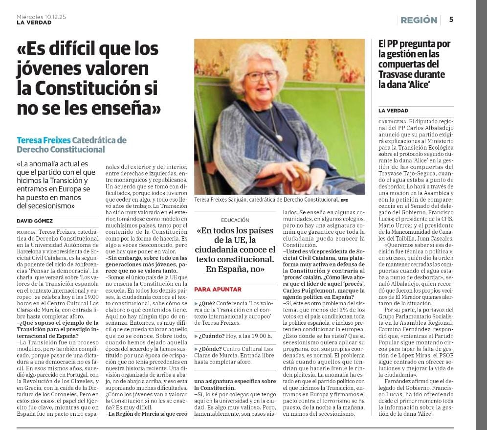 Teresa Freixes, vicepresidenta de SCC:

"La anomalía actual es que el partido con el que hicimos la Transición y entramos en Europa se ha puesto en manos del secesionismo".

"En todos los países de la UE, la ciudadanía conoce el texto constitucional. En España, no".