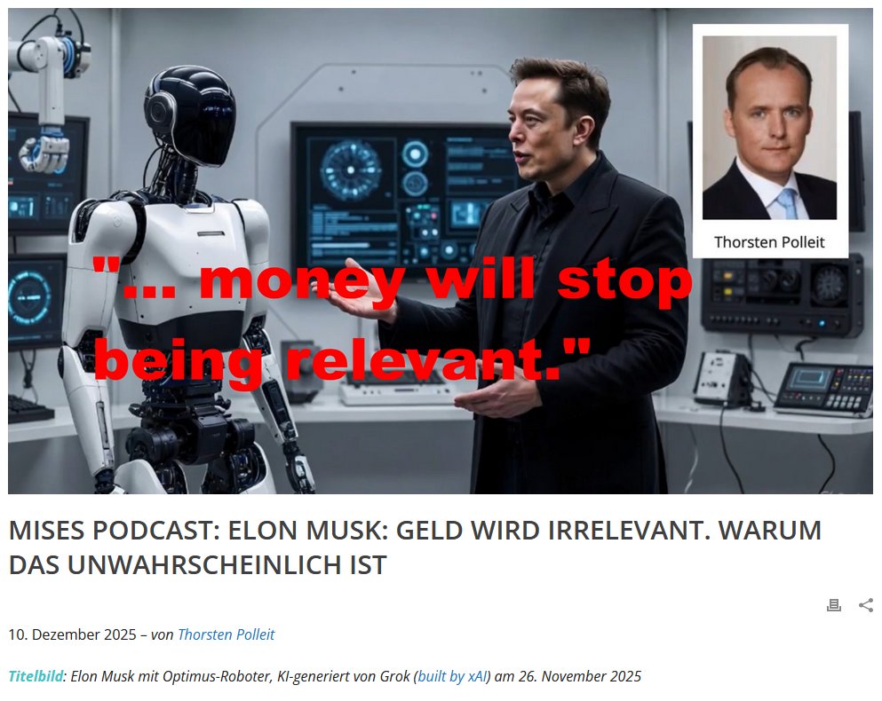 MISES Podcast

Könnte Geld künftig irrelevant werden, wie Elon Musk vermutet, oder ist Geld so sehr mit dem menschlichen Handeln verknüpft, dass es dauerhaft einen Zweck erfüllt?

Thorsten Polleit <a href="/ThorstenPolleit/">Thorsten Polleit</a> geht der Frage auf den Grund:

misesde.org/2025/12/mises-…