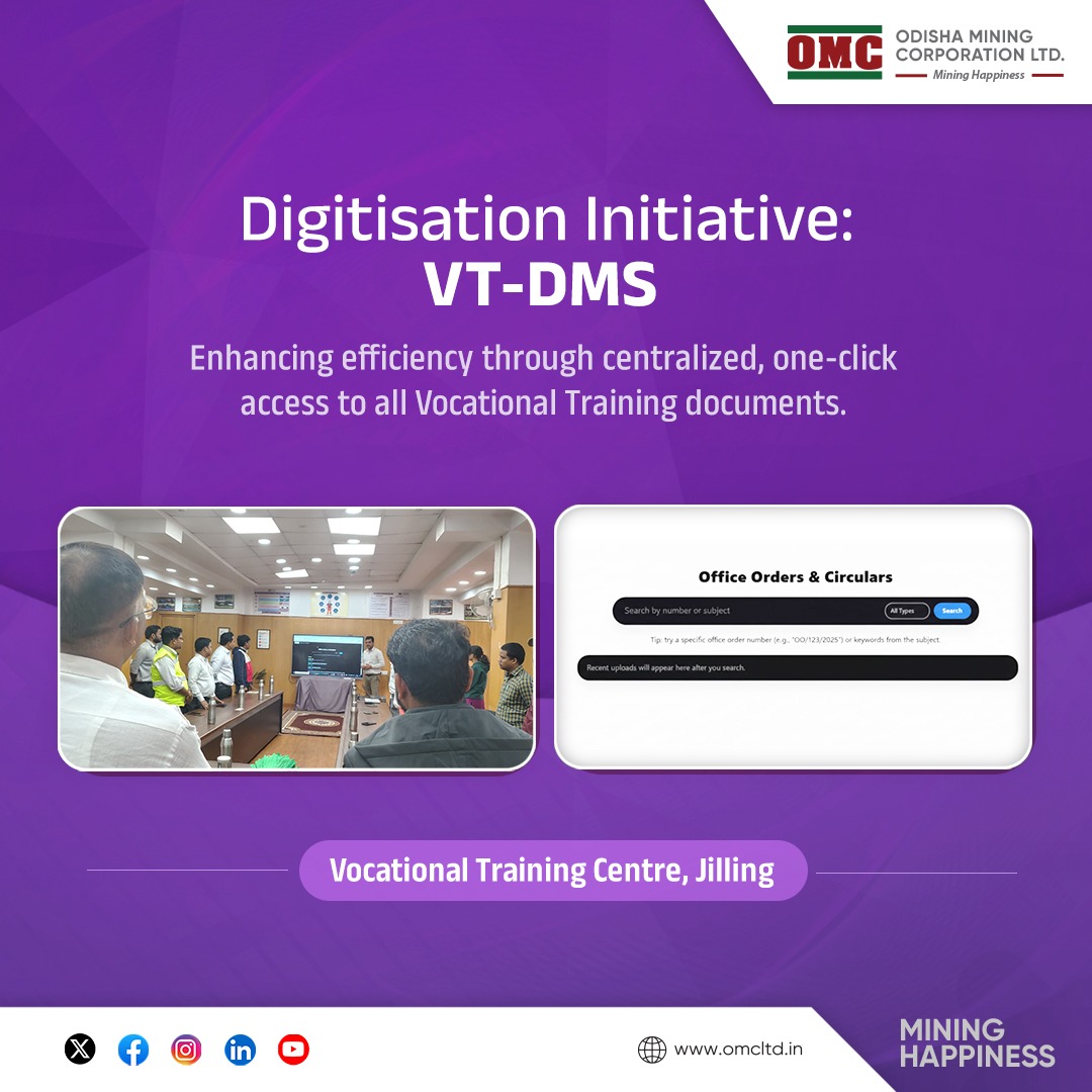 odisha_mining's tweet image. The VT Centre at Jilling rolled out the VT Document Management System (VT-DMS) — a smart, single-click portal for all #VocationalTraining documents, including office orders, circulars, training data &amp;amp; SOPs for quick, efficient access. 

#OMC #DigitalMining #DigitisationInitiative