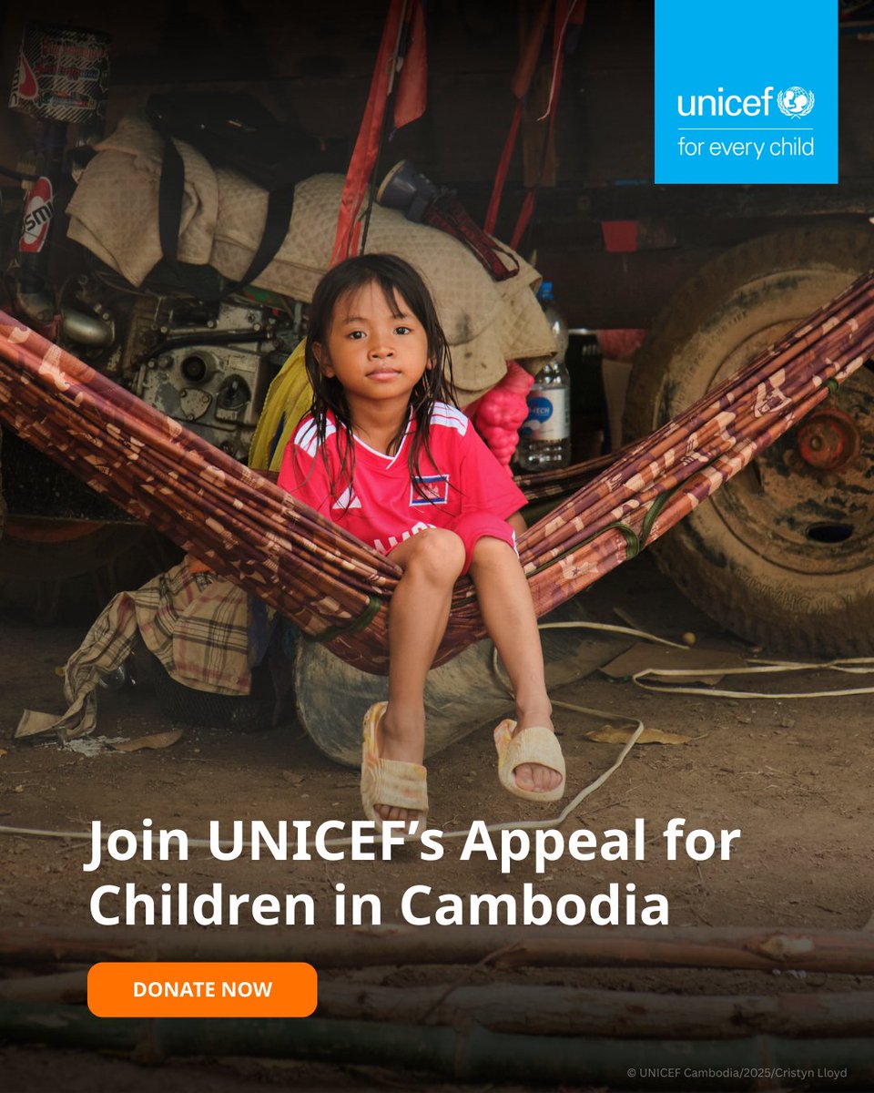 UNICEFCambodia's tweet photo. Stand with UNICEF to protect displaced children and families caught in this crisis. Your donation will provide the essentials including nutrition, health care, water and sanitation, learning, and mental health support.

Donate via: https://t.co/OzwXx1uKLM https://t.co/v9SnoMNq9b