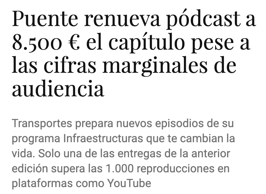 ¿Sabíais que Óscar Puente tiene un podcast?
Cuesta 8.500€ por episodio y solo uno de ellos superó las 1.000 reproducciones en Youtube.
Insisto: Los socialdemócratas también deberían quejarse de este uso del "sagrado" dinero público.