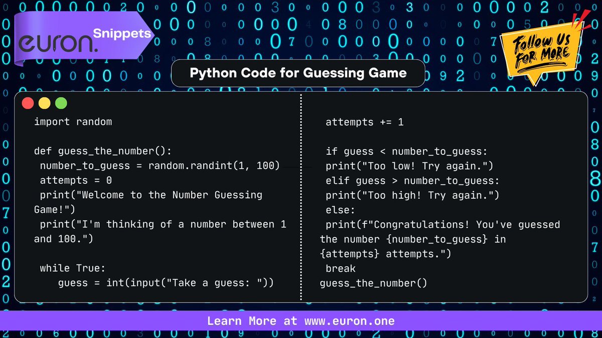 euron712's tweet image. Challenge your logic skills with this fun Python guessing game! 
Uncover the secret number with each guess. 

#PythonFun #CodingChallenge #GuessingGame