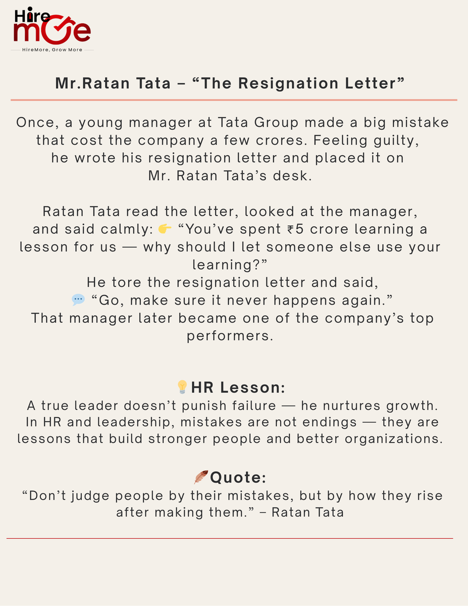 HiremoreIndia's tweet image. Great leaders don’t fire people for mistakes — they guide them to grow stronger.
This story of Mr. Ratan Tata reminds us that learning matters more than failing.
Mistakes can build champions. #LeadershipLesson #RatanTata #HRInsights #GrowthMindset #LearnFromMistakes 
 #HireMore