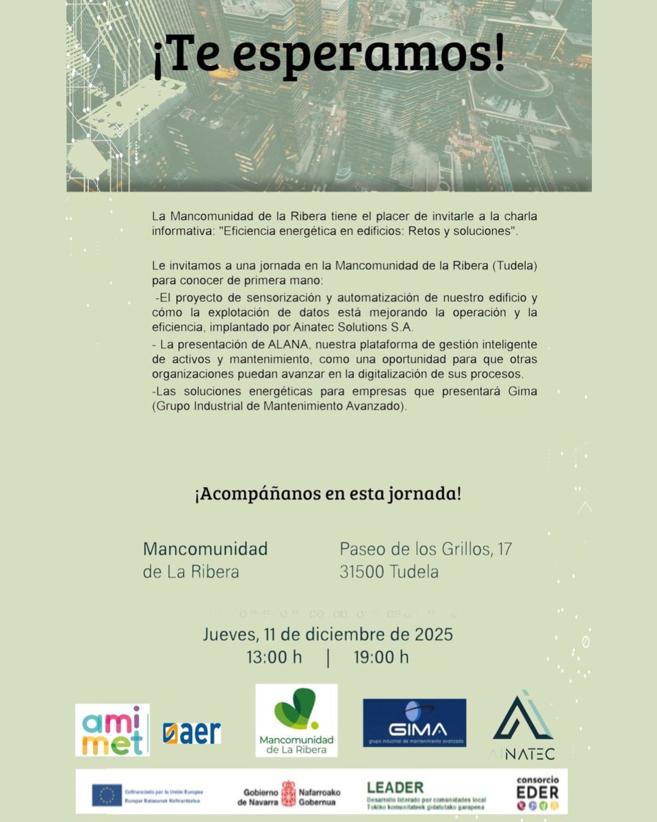 𝗝𝗼𝗿𝗻𝗮𝗱𝗮 𝗶𝗻𝗳𝗼𝗿𝗺𝗮𝘁𝗶𝘃𝗮: “𝗘𝗳𝗶𝗰𝗶𝗲𝗻𝗰𝗶𝗮 𝗲𝗻𝗲𝗿𝗴𝗲́𝘁𝗶𝗰𝗮 𝗲𝗻 𝗲𝗱𝗶𝗳𝗶𝗰𝗶𝗼𝘀: 𝗿𝗲𝘁𝗼𝘀 𝘆 𝘀𝗼𝗹𝘂𝗰𝗶𝗼𝗻𝗲𝘀”

📅 11 de diciembre de 2025

Confirma tu asistencia en: atencionalciudadano@mancoribera.com

#EficienciaEnergética #Tudela