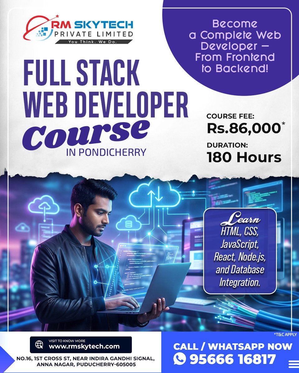 RMSkyTech1's tweet image. Master the Digital World! 🚀 Become a Complete Full Stack Web Developer—From Frontend to Backend—with RM Skytech in Pondicherry. Learn HTML, CSS, JavaScript, React, Node.js, and Database Integration.
#FullStackDeveloper #WebDevelopment #CodingLife #Programming #TechSkills