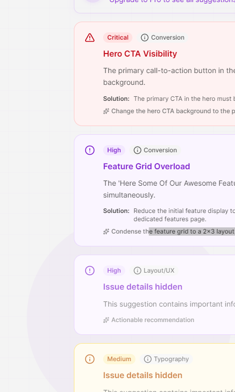 Automatize_'s tweet photo. @buildincrisis @eddiejaoude You use purple as a main color on your website, so using the same purple for the severity of the suggestions is a bit confusing, maybe you should use some orange color, something between the red (Critical) and the amber (Medium). Also problem with white on white on the dashboard. https://t.co/IfRxUdW6FH