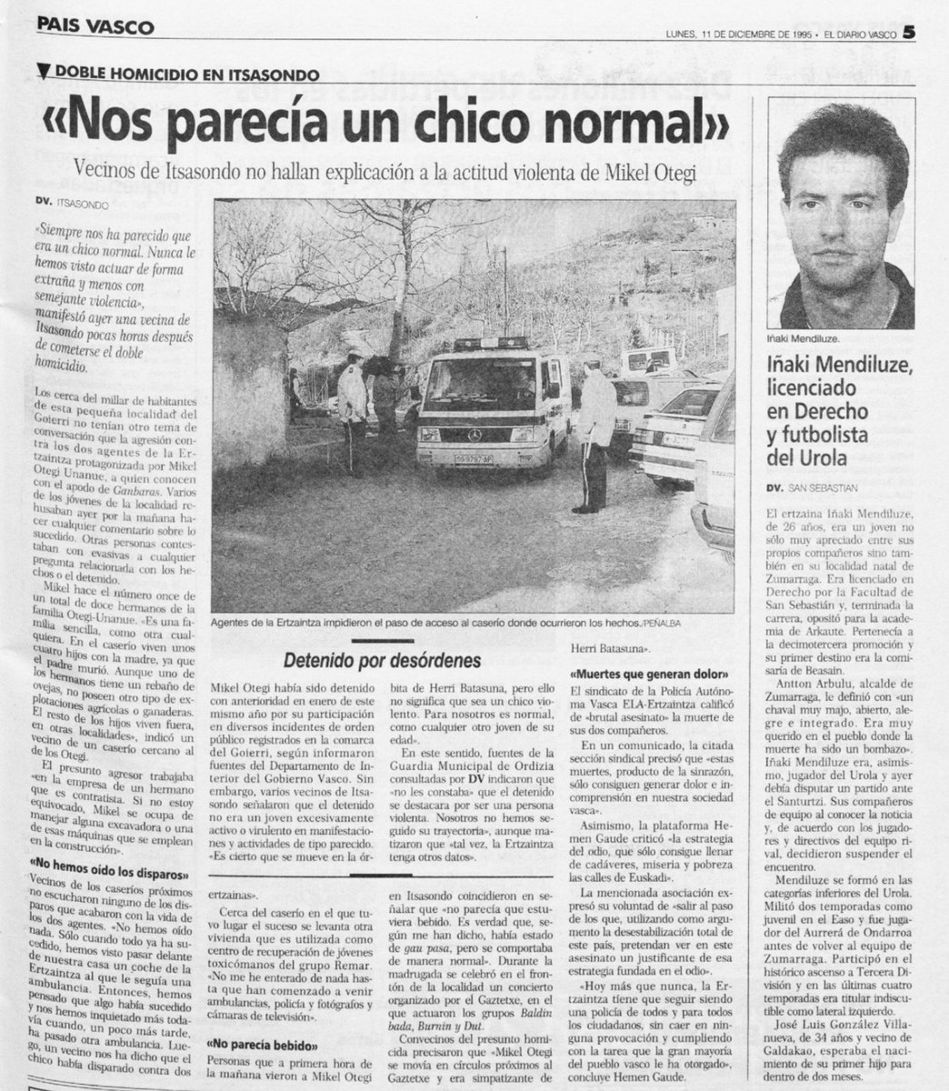 2. Hacían un pasillo a la entrada cuando pasaba la familia les gritaban ¡Gora ETA! y a la viuda de José Luis embarazada de 7 meses le cantaban el anuncio de turrones 'La Viuda'.

Fui testigo porque trabajaba justo al lado.

Esto era ser víctima con ETA en el PV