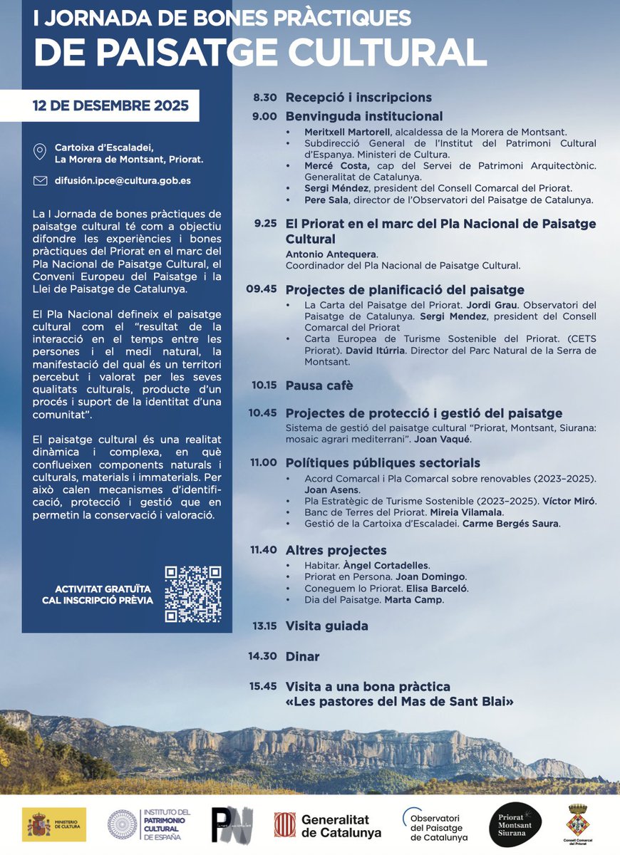 CCPriorat's tweet image. 🙋‍♂️Això és aquest divendres. 

El Priorat acull la 1a Jornada de bones pràctiques de Paisatge Cultural 🌿

📍Cartoixa d'Escaladei
📅 Divendres, 12 de desembre 
🕣8:30h 

Ja us hi heu inscrit?

ipce.cultura.gob.es/ipce/en/evento…