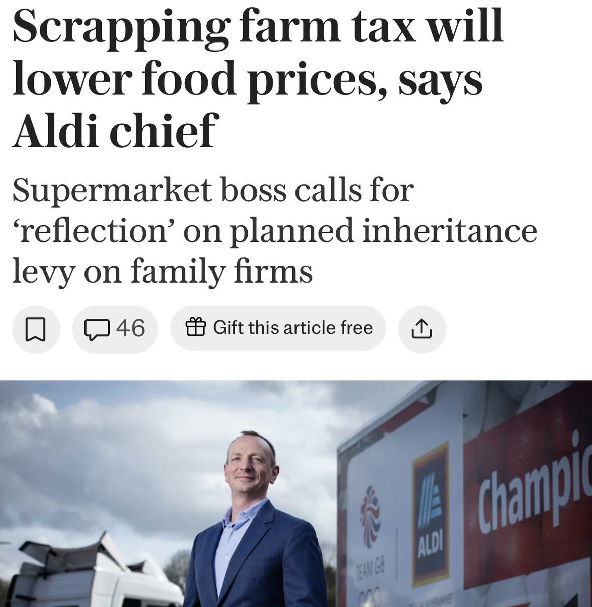 Scrapping the family farm inheritance tax will lower food prices, says Aldi chief.
