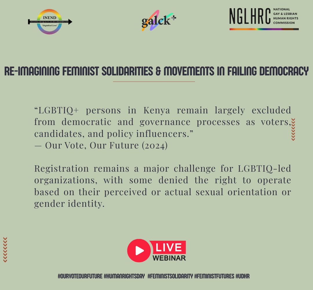 <a href="/INENDorg/">Initiative For Equality & Non Discrimination-INEND</a> <a href="/galckplus/">galck+</a> <a href="/NGLHRC/">#Repeal162 because #LoveIsHuman</a> <a href="/its_qario/">✨ Michelle Kariuki ✨</a> <a href="/KombeMartha/">martha kombe◢◤</a> <a href="/QwomenHRDs/">QWomen HRDs</a> <a href="/YveeOduor/">Yvee but like Yves</a> <a href="/Chella978381/">Chella</a> <a href="/JoyceSabali/">Mzee Kasri</a> LGBTIQ+ persons in Kenya remain excluded from democratic and governance processes by design. When organizations are denied registration, voices are silenced and democracy is weakened. Inclusion is not optional. It is a right. #OurVoteOurFuture