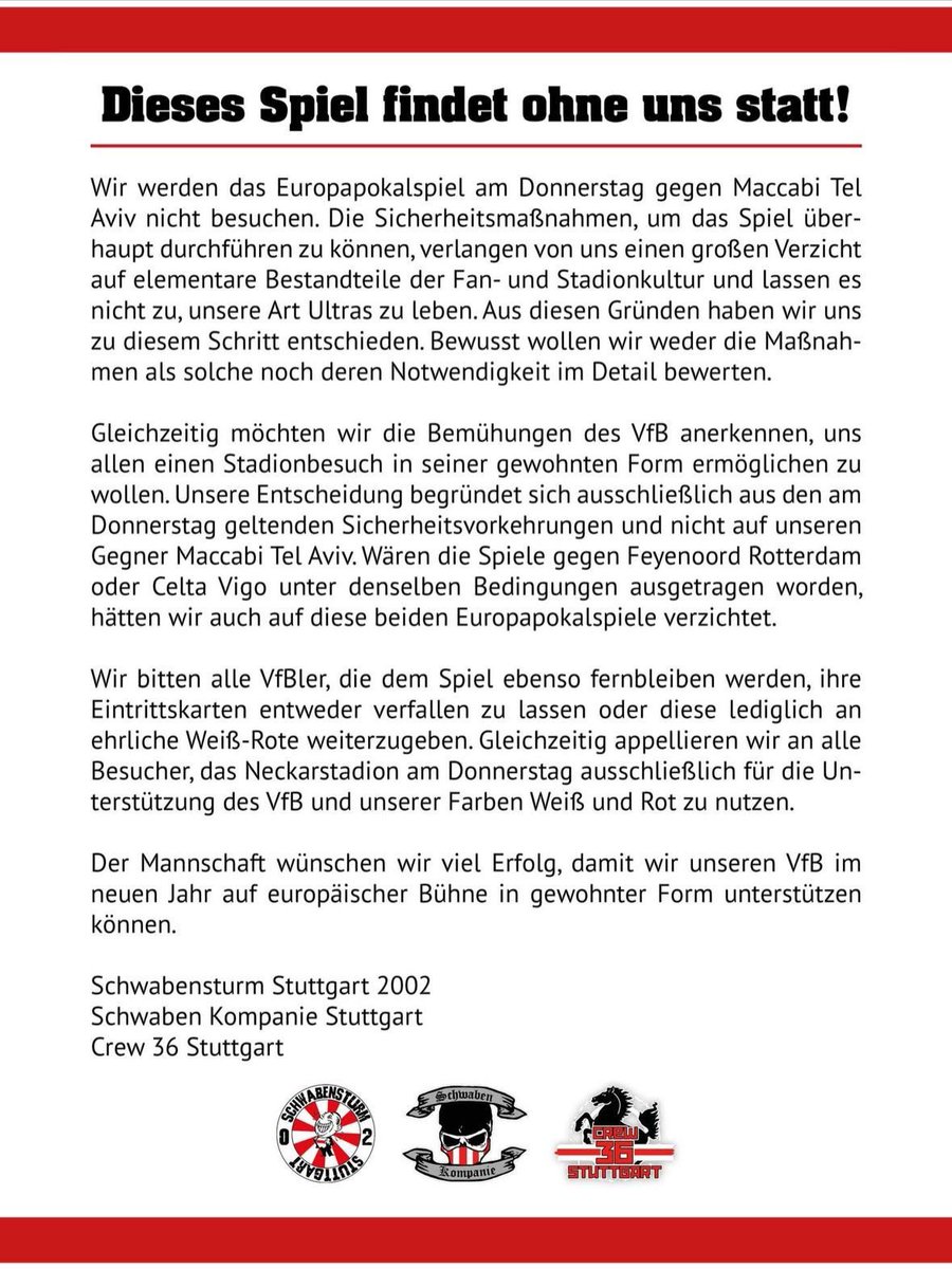 Während das Commando Cannstatt bei #VfBMTA morgen "nur" auf Schwenkfahnen &amp; Doppelhalter verzichtet, sehen die anderen Ultra-Gruppierungen (Schwabensturm, Schwaben Kompanie, Crew36) von einem Stadiombesuch komplett ab...
Starke Statements! #VfB