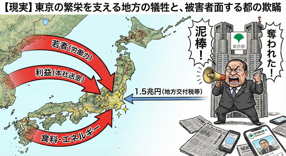 東京都の「税収が奪われている」という被害者ムーブ、地方支援の現場から見るとあまりに傲慢です。

​地方の工場で生産し、地方のインフラを使って出た利益が、単に「本社が東京にある」という理由だけで都税として計上されている現実。