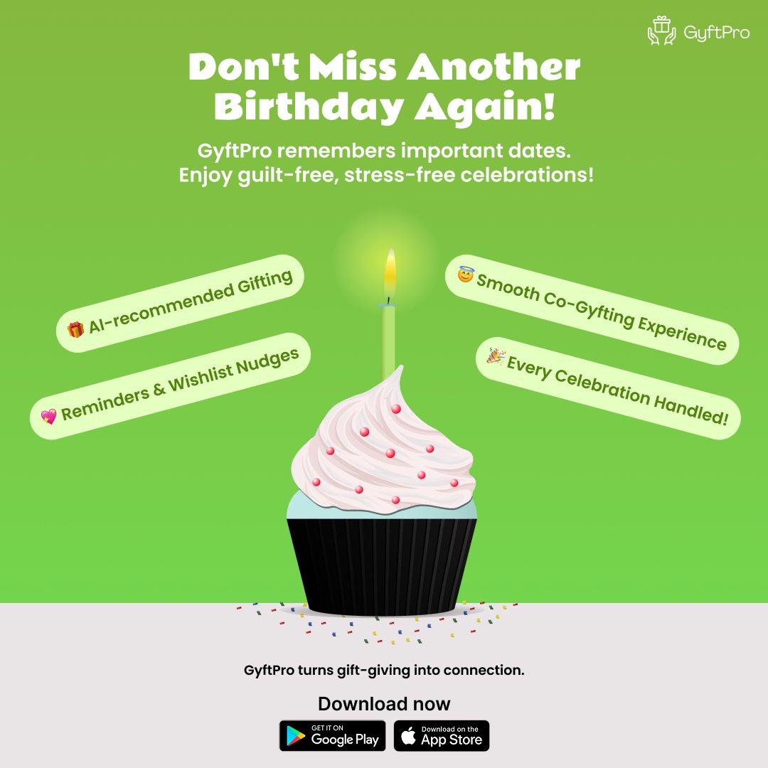 GyftPro's tweet photo. Missed the birthdayβ¦ and the cake? π
Time to change that! #GyftPro - the #SmartGifting app - keeps you ahead of every special moment.
Download now π https://t.co/XE9tSGHEEr
#GyftProGenie #JustLaunched #USA #DontMissABirthday #AIpowered #GiftingMadeEasy https://t.co/GHitG2Q99m