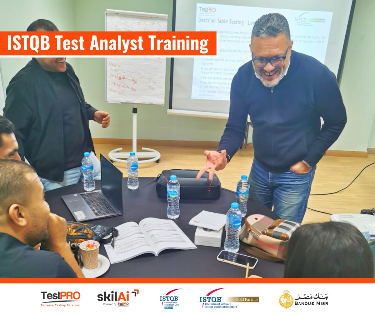 testproeg's tweet image. We’ve just completed Day 3 of the ISTQB – Test Analyst Training with @BanqueMisr.
Today&apos;s session, expertly led by Samer Desouky - سامر دسوقي.

📞 +971 54 454 2341
📞 +20 102 190 2447

#SoftwareTesting #ISTQB #TestAnalyst #BanqueMisr #TestPRO #Training