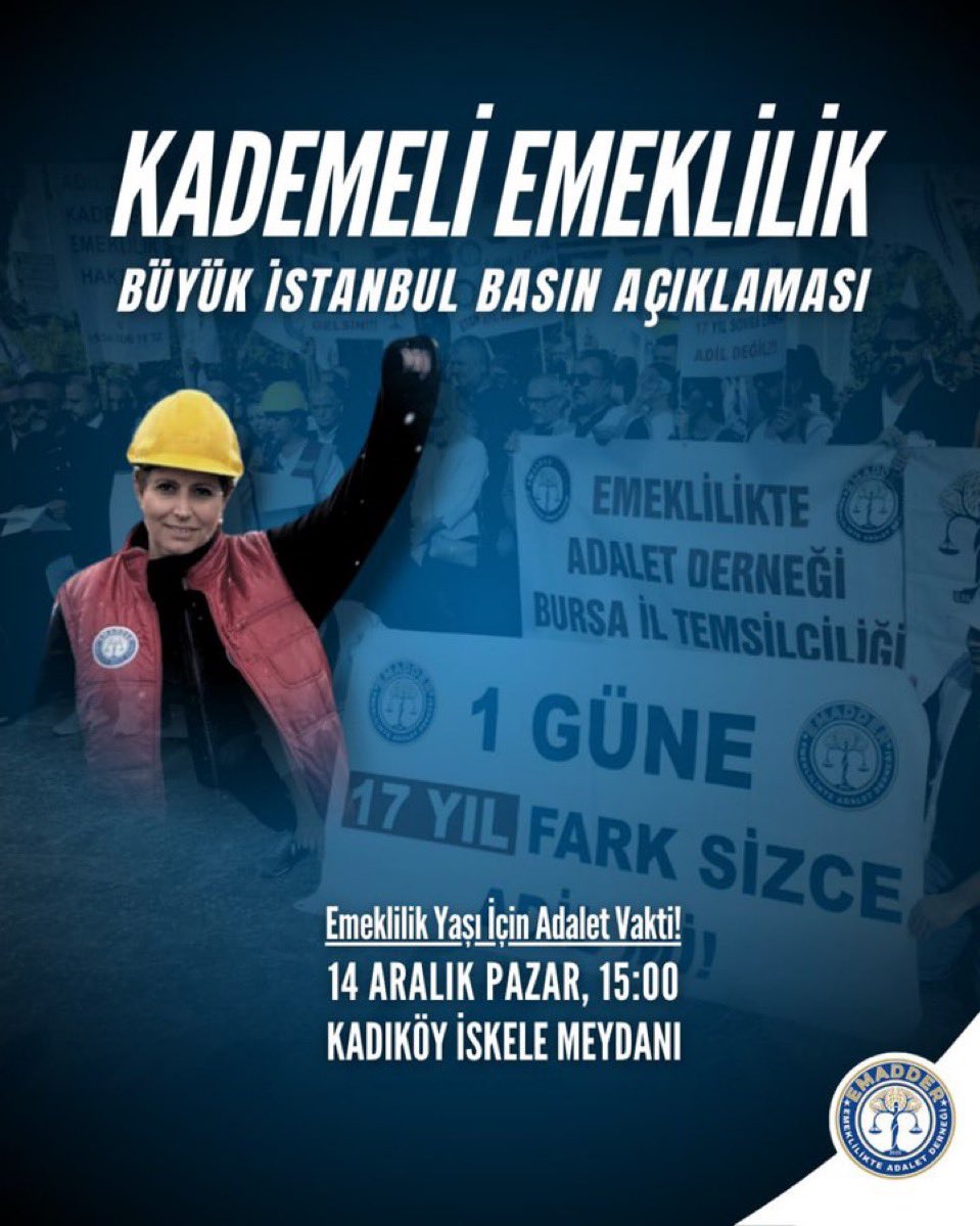 🔥 HEYECAN DORUKTA, GERİ SAYIM BAŞLADI! 🔔

<a href="/ArzuCerkezoglu/">Arzu A. Çerkezoğlu</a>
<a href="/B_Palandoken/">Bendevi Palandöken</a>
<a href="/hakismahmut/">Mahmut Arslan</a>
<a href="/RHisarciklioglu/">Rifat Hisarcıklıoğlu</a>

Emeklilikte adalet için 14 Aralık Pazar günü
📍 Kadıköy İskele Meydanı’nda buluşmamıza sayılı günler kaldı!

⏳ Bir gün yüzünden 17–20 yıl geç emeklilik dayatmasına karşı,
⚖️