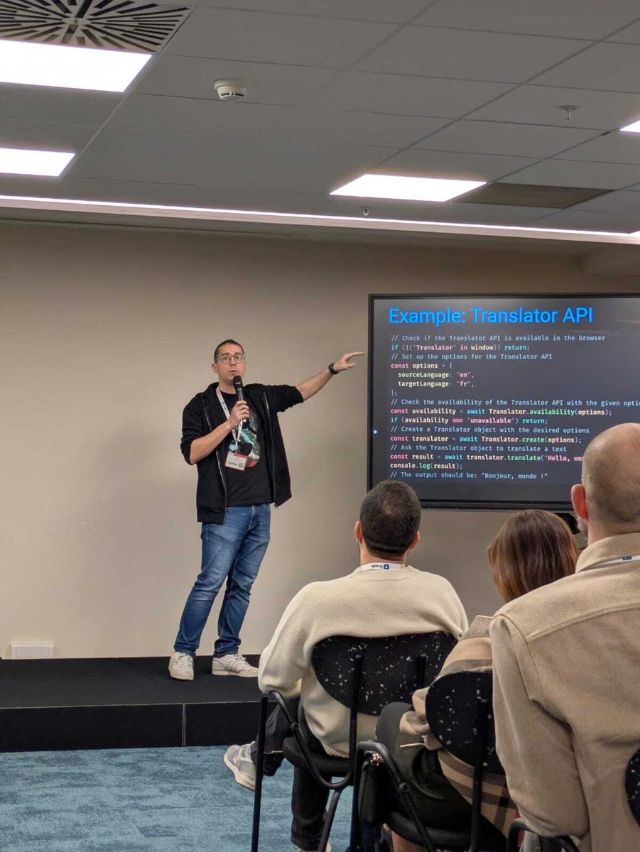 yostane's tweet photo. I shared the current ways to add AI to web apps and showed that built-in web ai may be a big deal in the future. #generationai #apidays #fostparis #techatworldline https://t.co/cHWsU9nQpH