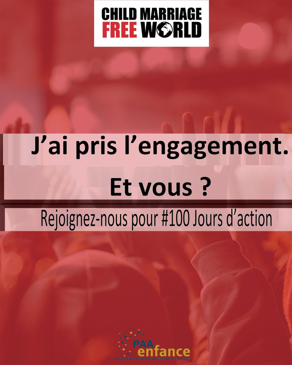 PAAenfance's tweet photo. PAAenfance rejoint la campagne #WePledge : 100 jours d’action pour mettre fin au mariage des enfa
Protégeons chaque enfant et laissons-les rêver, apprendre et grandir en sécurité. 
 Rejoignez le mouvement !
#100DaysofAction #EndChildMarriage #PAAenfance #ProtectChildren https://t.co/FbDLJq5wTS