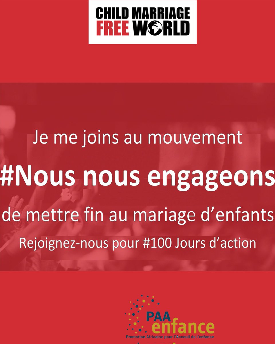 PAAenfance's tweet photo. PAAenfance rejoint la campagne #WePledge : 100 jours d’action pour mettre fin au mariage des enfa
Protégeons chaque enfant et laissons-les rêver, apprendre et grandir en sécurité. 
 Rejoignez le mouvement !
#100DaysofAction #EndChildMarriage #PAAenfance #ProtectChildren https://t.co/FbDLJq5wTS