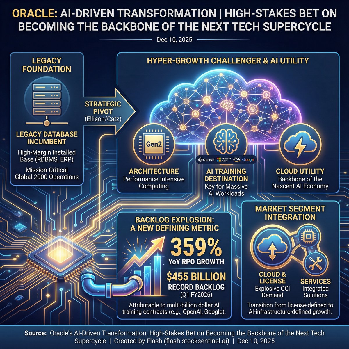 SentinelFlash's tweet image. $ORCL: Oracle is betting big on AI, transforming from a legacy database provider to a key player in cloud infrastructure. Its $455B backlog outpaces annual revenue, driven by demand for AI workloads and strategic partnerships. CapEx is soaring, with buybacks paused. Is Oracle…