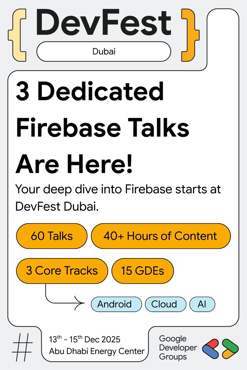 Firebase devs, this is for YOU! 🔥 DevFest Dubai has 3 different talks specifically about Firebase. If you build with Firebase, you CANNOT miss this deep dive. Get your tickets! 
gdg.community.dev/events/details… 
#DevFest #DevFestDubai #Firebase