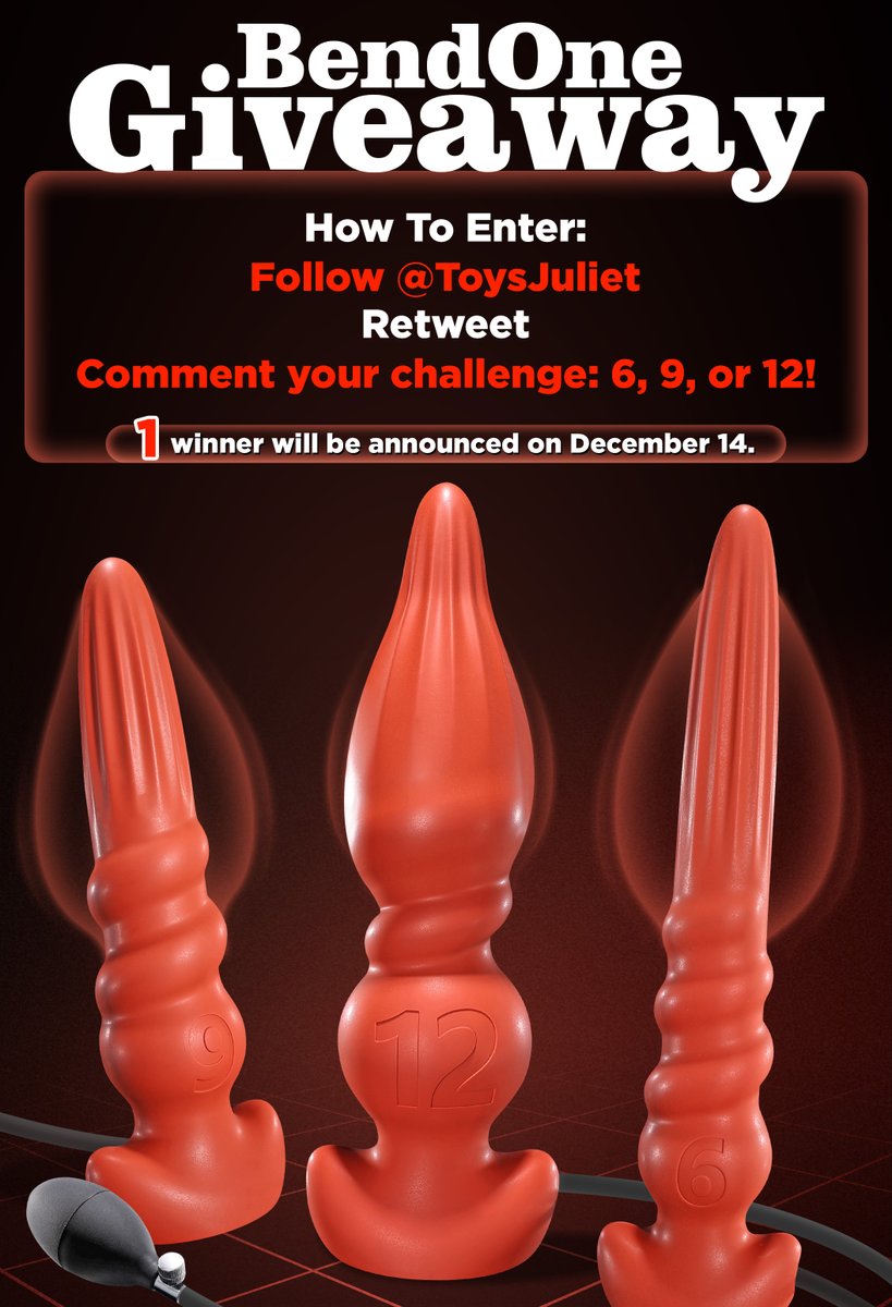 🚨BendOne Giveaway🚨

How to enter: 
✅Follow <a href="/ToysJuliet/">Juliet & Martin's Toy Store</a>
🔁Retweet
💬 Which challenge can you handle—6, 9, or 12? Let us know in the comments!

💥 From Dec 12–15, enjoy 15% off BendOne toys and get a free bottle of lube with your purchase!
👉juliettoys.com

⬇ Full