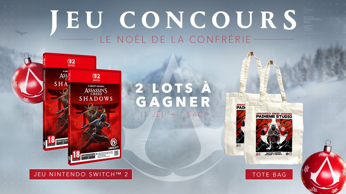 LE NOËL DE LA CONFRÉRIE - 2️⃣ 🎁

Aujourd'hui, tentez de remporter 2 lots en collab avec <a href="/NintendoActu/">Nintendo Actu</a>, composés chacun d'un jeu Assassin's Creed Shadows sur Nintendo Switch 2 et d'un tote bag ! 🦅

❤️ Liker le post
🔄 RT le post
✔️ S'abonner à <a href="/AssassinsFR/">Assassin's Creed FR</a> et à <a href="/NintendoActu/">Nintendo Actu</a>