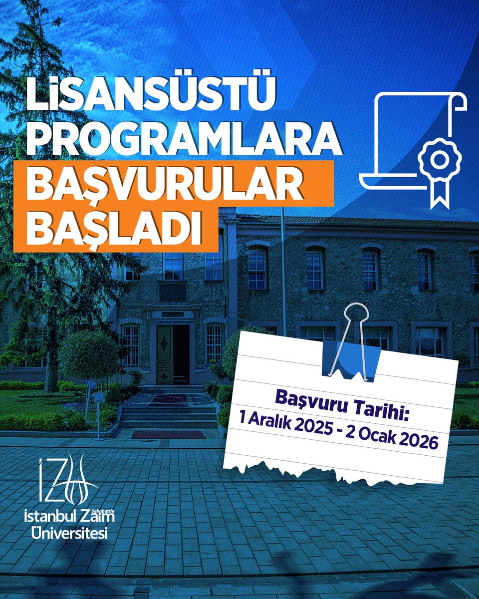 zaimuniv's tweet photo. 🎓 Kariyer yolculuğunu İZÜ’nün lisansüstü programlarıyla güçlendir!  

Öğrenci adayları için yüksek lisans ve doktora başvuruları devam ediyor. İZÜ’nün güçlü akademik kadrosu ve araştırma odaklı eğitim anlayışıyla sen de geleceğine yön ver.  

📅 Son başvuru tarihi: 2 Ocak 2026 
📍 Detaylı bilgi: https://t.co/o3bWeQNBHL
