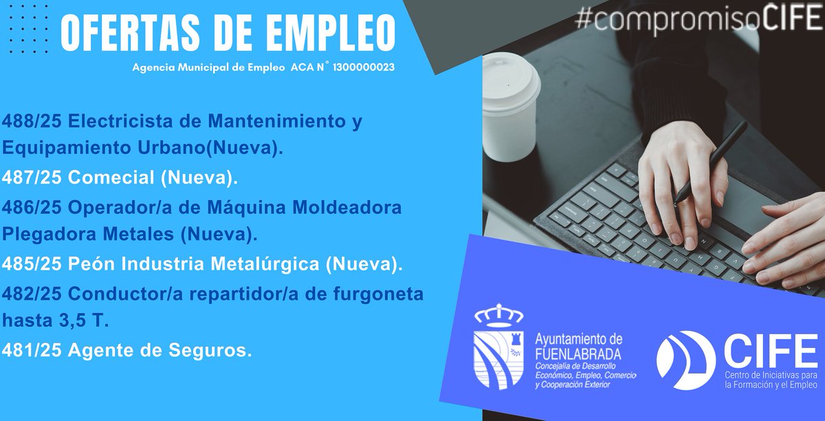 📢 Si estás buscando empleo o conoces a alguien que lo esté, aquí te compartimos las nuevas #OfertasEmpleo que tenemos en estos momentos en la Agencia de Colocación #CIFE del #AyuntamientoFuenlabrada
Consúltalas en nuestra web: 👇
cife.ayto-fuenlabrada.es/OfertasListado/