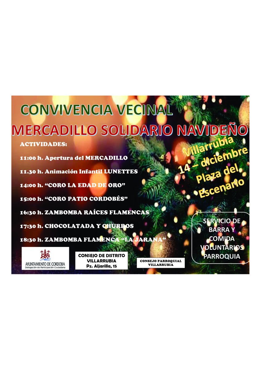 ¡Navidad solidaria en Villarrubia! ❤️ Te esperamos en la CONVIVENCIA VECINAL y MERCADILLO NAVIDEÑO SOLIDARIO el domingo 14 de diciembre. ¡Compra con corazón y disfruta en comunidad! 🎁

#Villarrubia #NavidadSolidaria #Participación