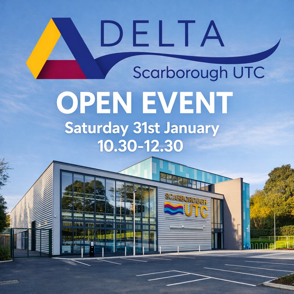 ScarboroughUTC's tweet photo. 📣Join us in January for our next open event📣
Come and explore our facilities, take part in activities, and chat with our specialist staff. Whether you're considering your next steps for year 9 or Sixth Form, this is the perfect chance to see what makes the UTC unique. #ThinkUTC https://t.co/Z2fSJG3BbT