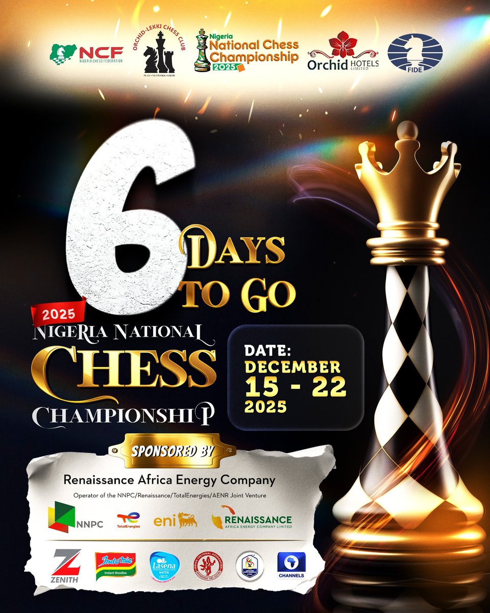 6 DAYS TO GO!
Nigeria National #Chess Championship 2025 is almost here!

Only 3 days left before registration closes for the Juniors.
Then, late fees apply &amp; slots may not remain available.

Don’t wait
Don’t overthink
Secure your spot today.

#NCC2025
#ChessNigeria
#MakeYourMove