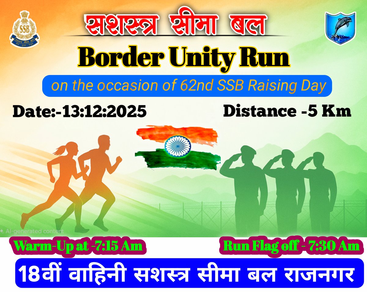 18BnSSB_INDIA's tweet photo. 18वीं वाहिनी, सशस्त्र सीमा बल, राजनगर द्वारा 13 दिसंबर 2025 को “बॉर्डर यूनिटी रन” का भव्य आयोजन किया जा रहा है।
@SSB_INDIA
@ssbpatna
#borderunityrun https://t.co/cG01Si9obK