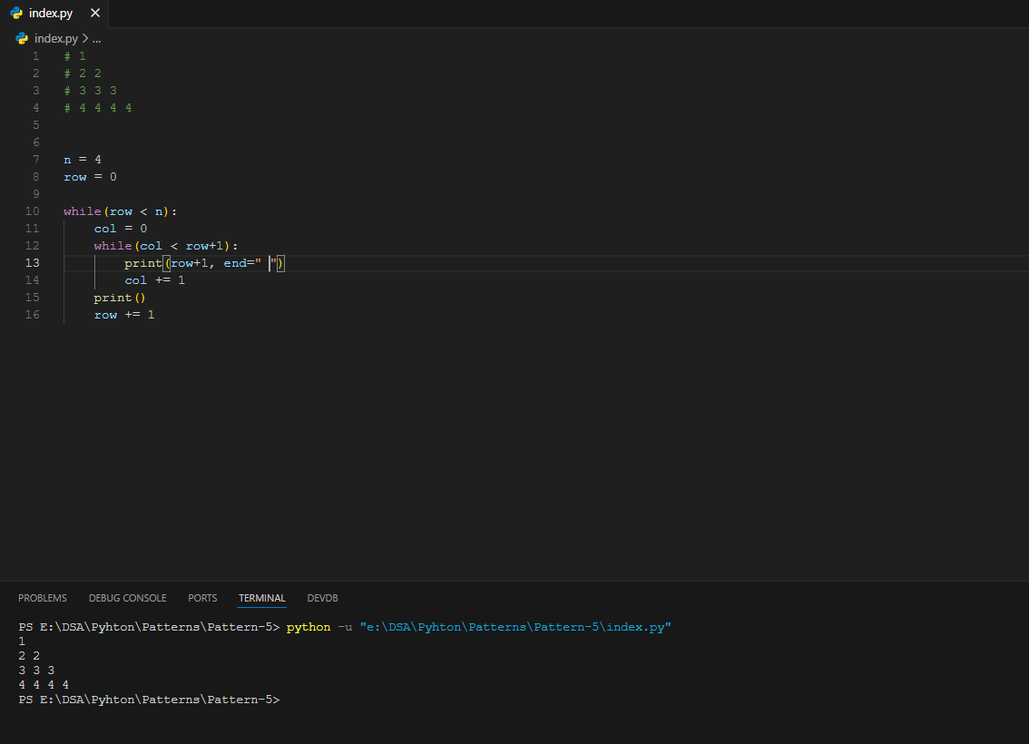 ansudeep695's tweet image. 🧩 Day 14 Python Practice - Pattern 2
Worked on number pattern printing using nested while loops.
Generated a triangle where each row repeats its own number — simple but great for logic building!
#Python #100DaysOfCode #CodingJourney 🐍✨