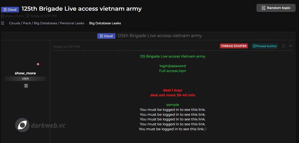 Darkweb_vc's tweet image. Time: 12/10/25
Country: Vietnam
ID: show_more
Title: 125th Brigade Live access vietnam army
#DarkWeb #database #leak #databreach
TG：t.me/Darkweb_V_C
session：05e04f12f24b9e715de72bce2d3ff4d041e30df373ff090de541129b413fcfc605
darkweb.vc/details/QUJAQ0…