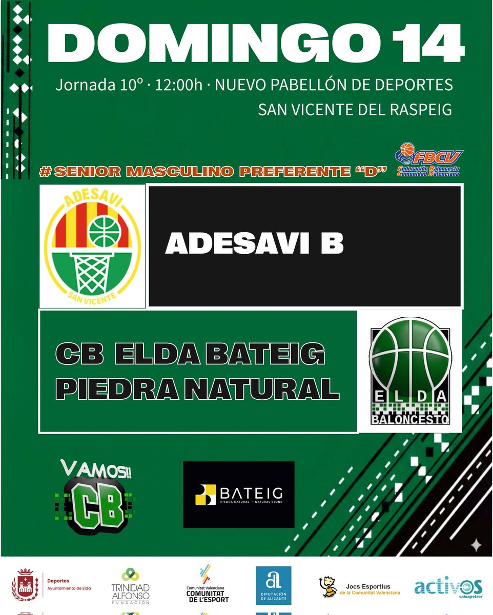 ▶️ 🟢⚫ Este Domingo nuestro 𝘾𝑩 𝑬𝙇𝑫𝘼 𝘽𝑨𝙏𝑬𝙄𝑮 𝑷𝙄𝑬𝘿𝑹𝘼 𝙉𝑨𝙏𝑼𝙍𝑨𝙇  visita San Vicente. #VamosCB 💚🖤

🆚 <a href="/CDADESAVI/">CD ADESAVI</a>

<a href="/ayto_elda/">Ayuntamiento de Elda</a>
<a href="/BateigStone/">Bateig Piedra Natural</a>
<a href="/FTA_CV/">Fun.Trinidad Alfonso</a>
<a href="/comunitatesport/">Comunitat de l'Esport</a>
<a href="/dipuAlicante/">Diputación de Alicante</a>
<a href="/caixapetrer/">Social Media</a>