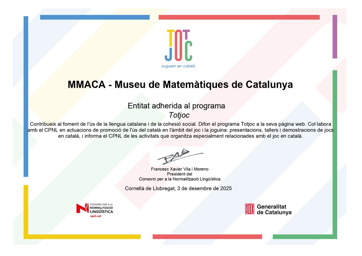 🥳Ja fa més de deu anys que el Museu de Matemàtiques de Catalunya (<a href="/MMACA_cat/">Museu de Matemàtiques de Catalunya - MMACA</a>) va signar per primera vegada l'adhesió al <a href="/vxlcat/">Voluntariat per la llengua</a>.

Aquesta setmana, ha renovat les adhesions als programes #Totjoc i Voluntariat per la llengua.
🔗Llegeix la notícia sencera a breu.cpnl.cat/npz