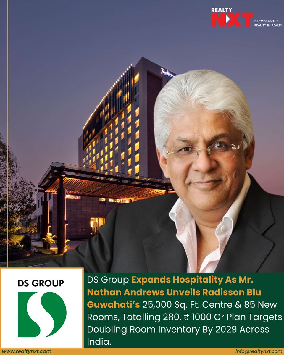RealtyNXT's tweet photo. #News | Mr. Nathan Andrews announces DSGroup’s expansion at @RadissonHotels Blu Guwahati with a 25,000 sq. ft. centre, 85 rooms, and INR 1000 crore growth plans.

#RealtyNXT #NextLevelStay #EventReady #SpaceRedefined #NorthEastRise #MegaVenue #LuxuryBoost #FutureHotels https://t.co/HJMuFY4Hih