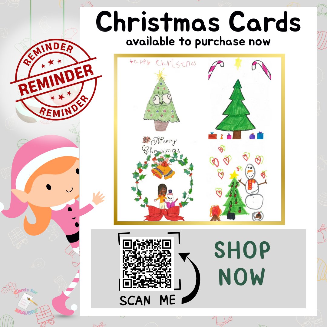 DON'T FORGET our amazing 2025 Christmas Cards are on sale! 🎄
Designed by the talented Tobias, Lula, Dominion &amp; Beth! 100% of proceeds support seriously ill children. 
Scan the QR code or follow to the link! ow.ly/kHL550XpiL2