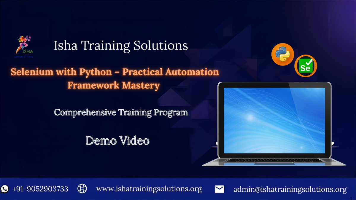 IshaKumargupta's tweet image. Selenium with Python – Demo Recording 
youtu.be/4okoWa4BjpM
Enrollments Open! 
Regular Sessions Start: 10th Dec (IST) 
Timings:
9 PM – IST
10:30 AM – EST
Course Fee : ₹6,900/$89 
Course details : 
ishatrainingsolutions.org/selenium-with-…
Contact us:+91 9052903733
#SeleniumWithPython